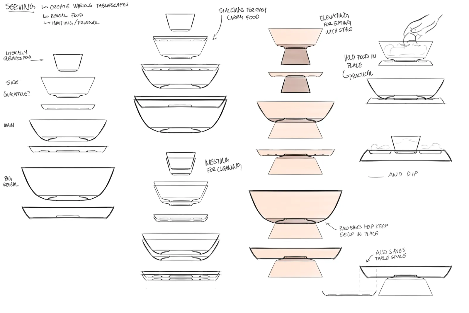 Sketch sheet of serving combinations: bowls, plates, cups, and lids in different stacks