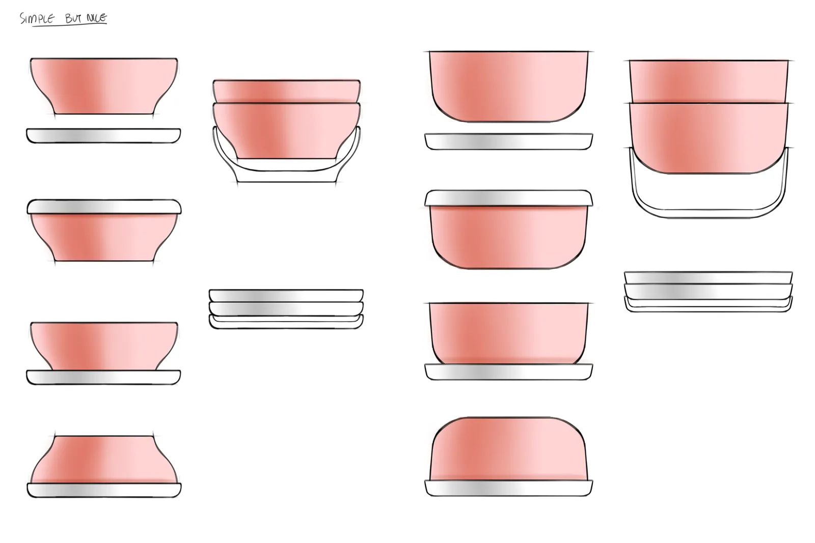 Sketches of bowls and plates nesting into stacks