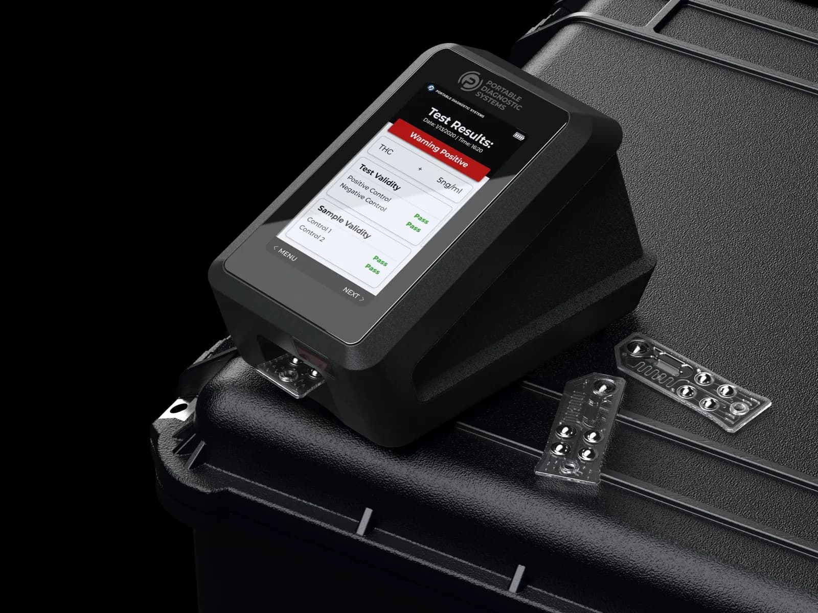 Render of the black Integrity-1 on a black field case, with cartridges beside it