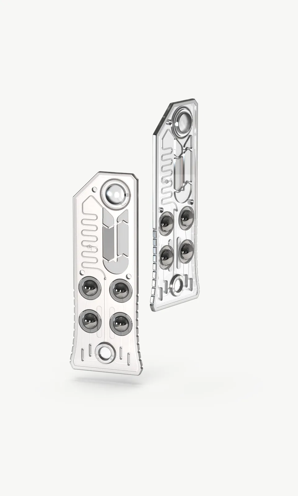 Render of two clear microfluidic test cartridges standing upright, showing the channels and reagent wells