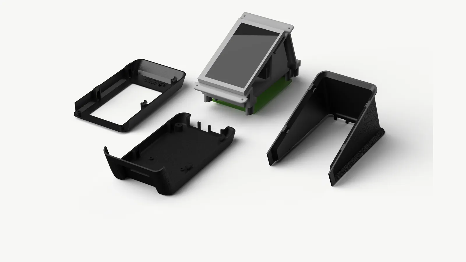 Exploded render of the enclosure: the front bezel, the lower shell, the screen carrier and the rear wedge
