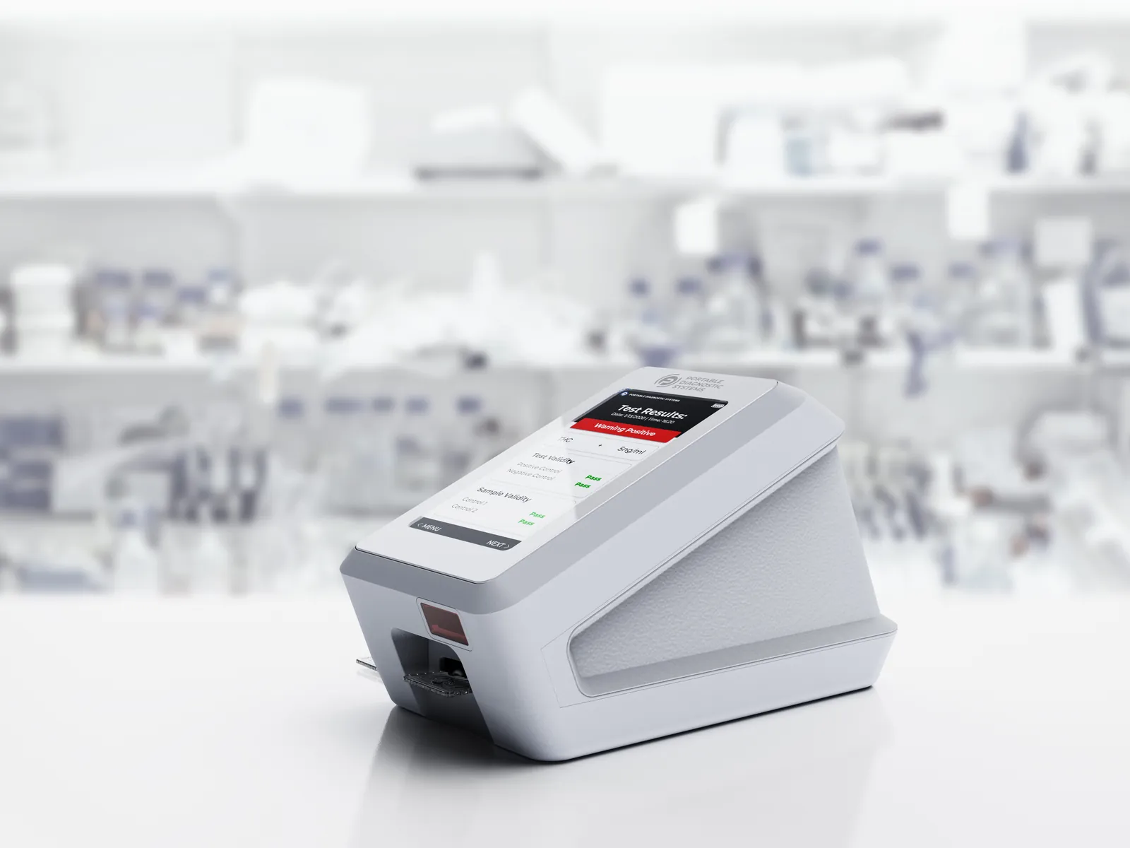 Render of the white Integrity-1 on a bench in a blurred laboratory