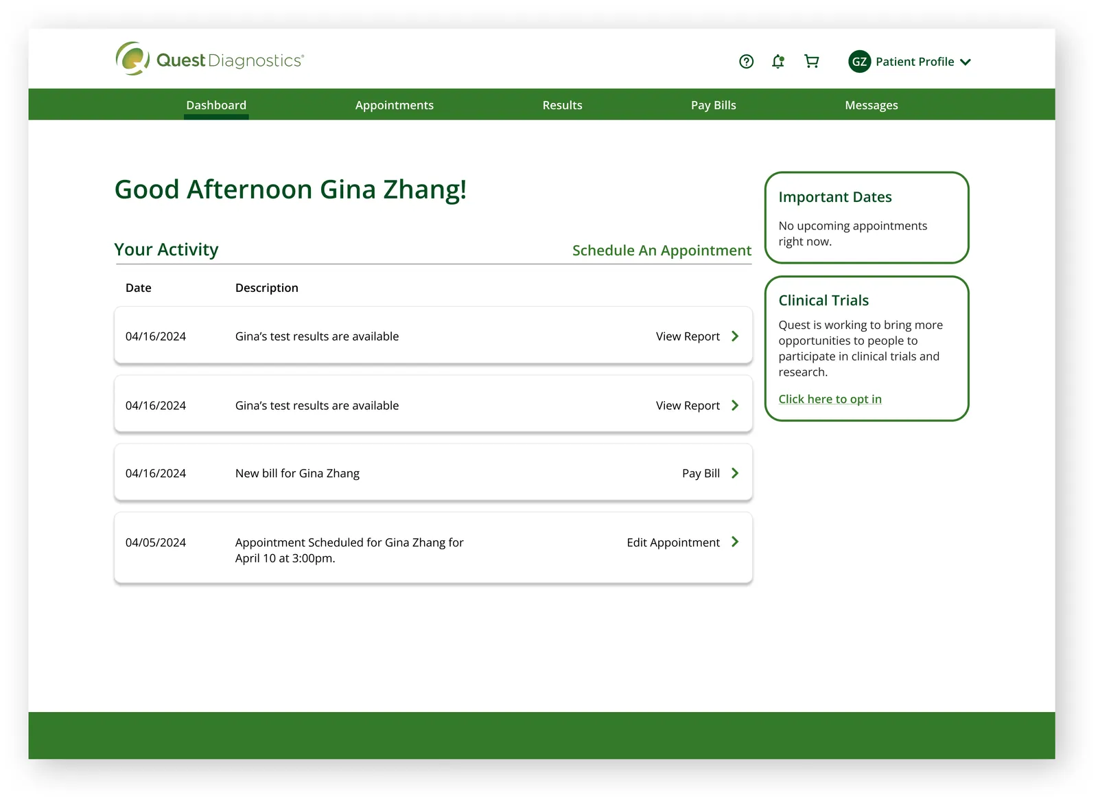 Redesigned patient dashboard: Good Afternoon greeting, Your Activity list of results, bills and appointments with actions, and Important Dates and Clinical Trials cards at the right