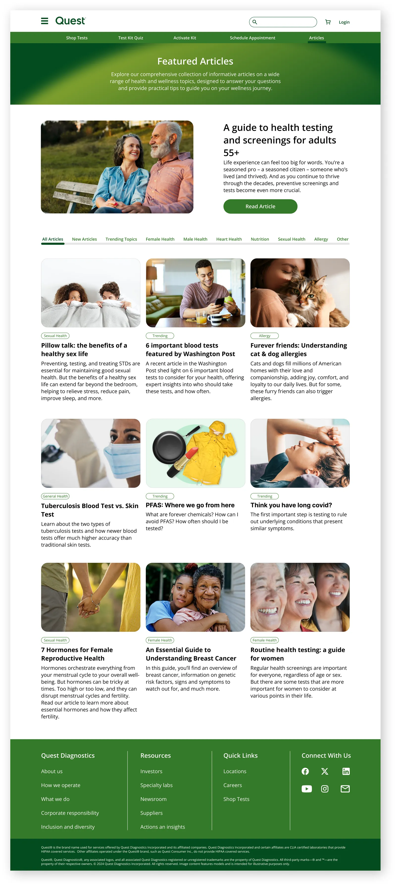 Featured Articles page: green intro band, a lead article with photo, topic filter tabs, a three-column grid of nine tagged articles and footer