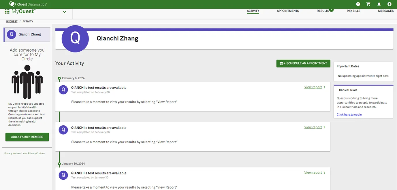 Current MyQuest patient dashboard: a My Circle sidebar, a purple avatar, and a timeline of test-result notices