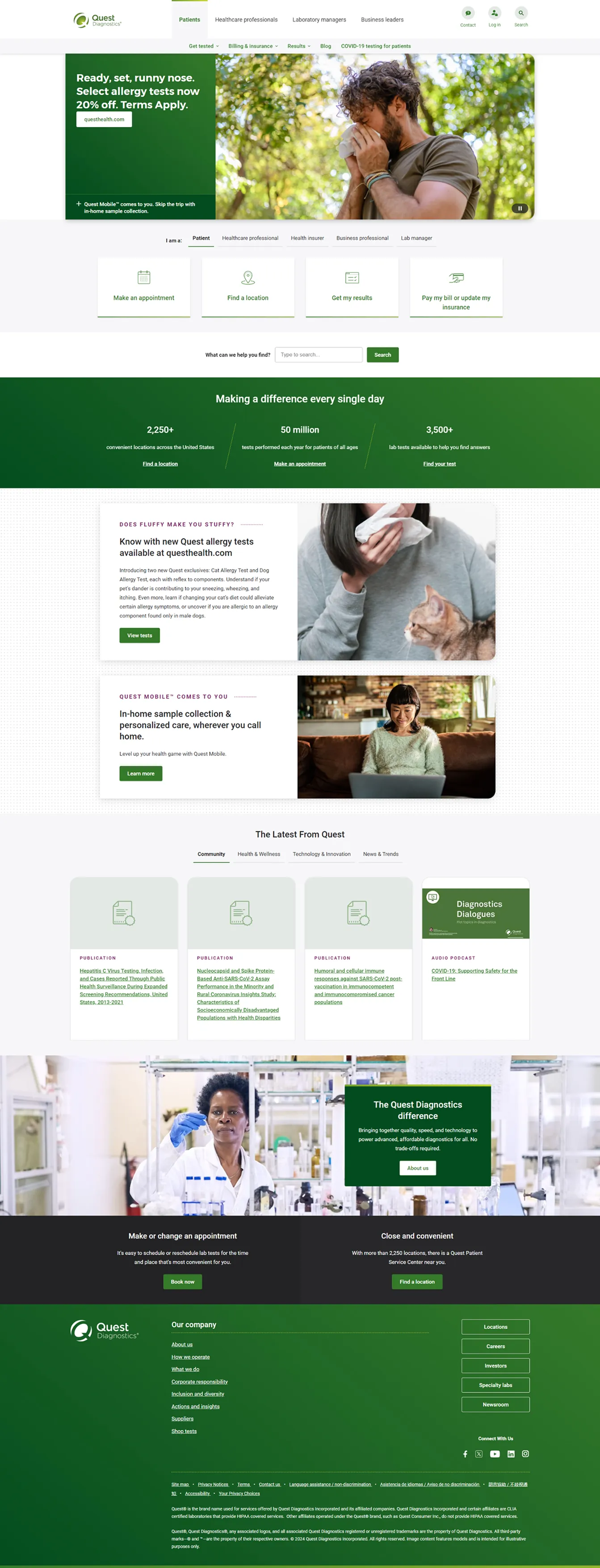 Full-page capture of the current questdiagnostics.com homepage: allergy promo hero, four quick-link tiles, a search bar, stats band, two feature cards, publication tiles and a lab photo