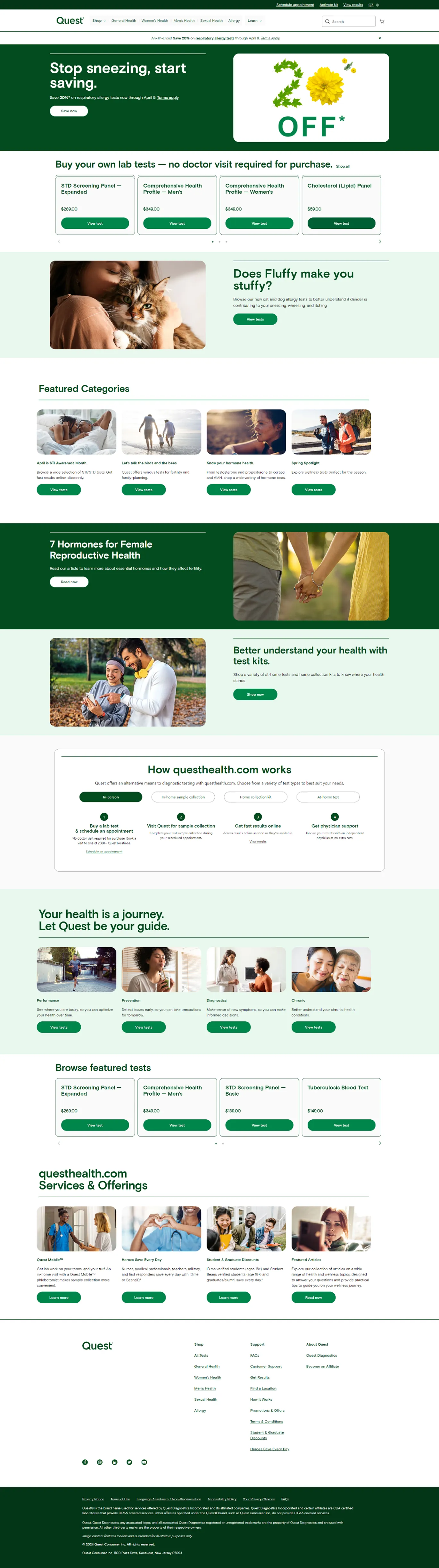 Full-page capture of the current questhealth.com shop: 20% off promo, test cards, featured categories, article bands, how it works, and repeated rows of tests and services