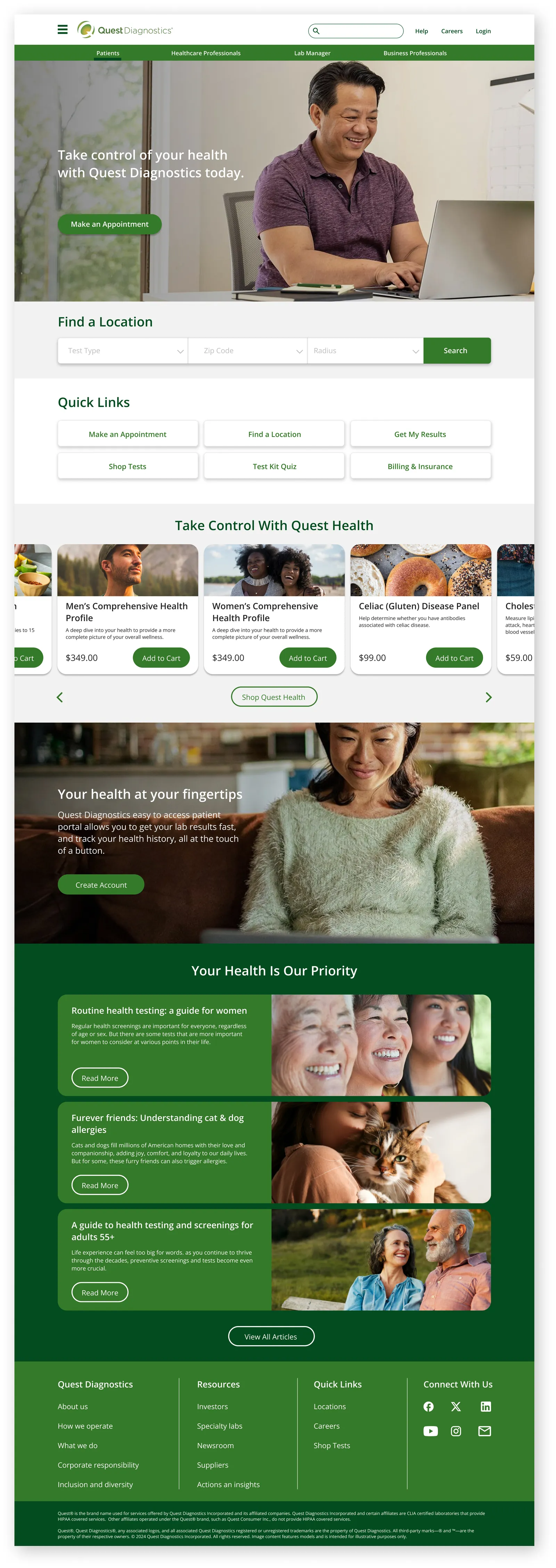 Full-page Patients page: take-control hero, Find a Location search, quick links including Shop Tests and Test Kit Quiz, the Quest Health test carousel, a patient portal promo, health articles and footer