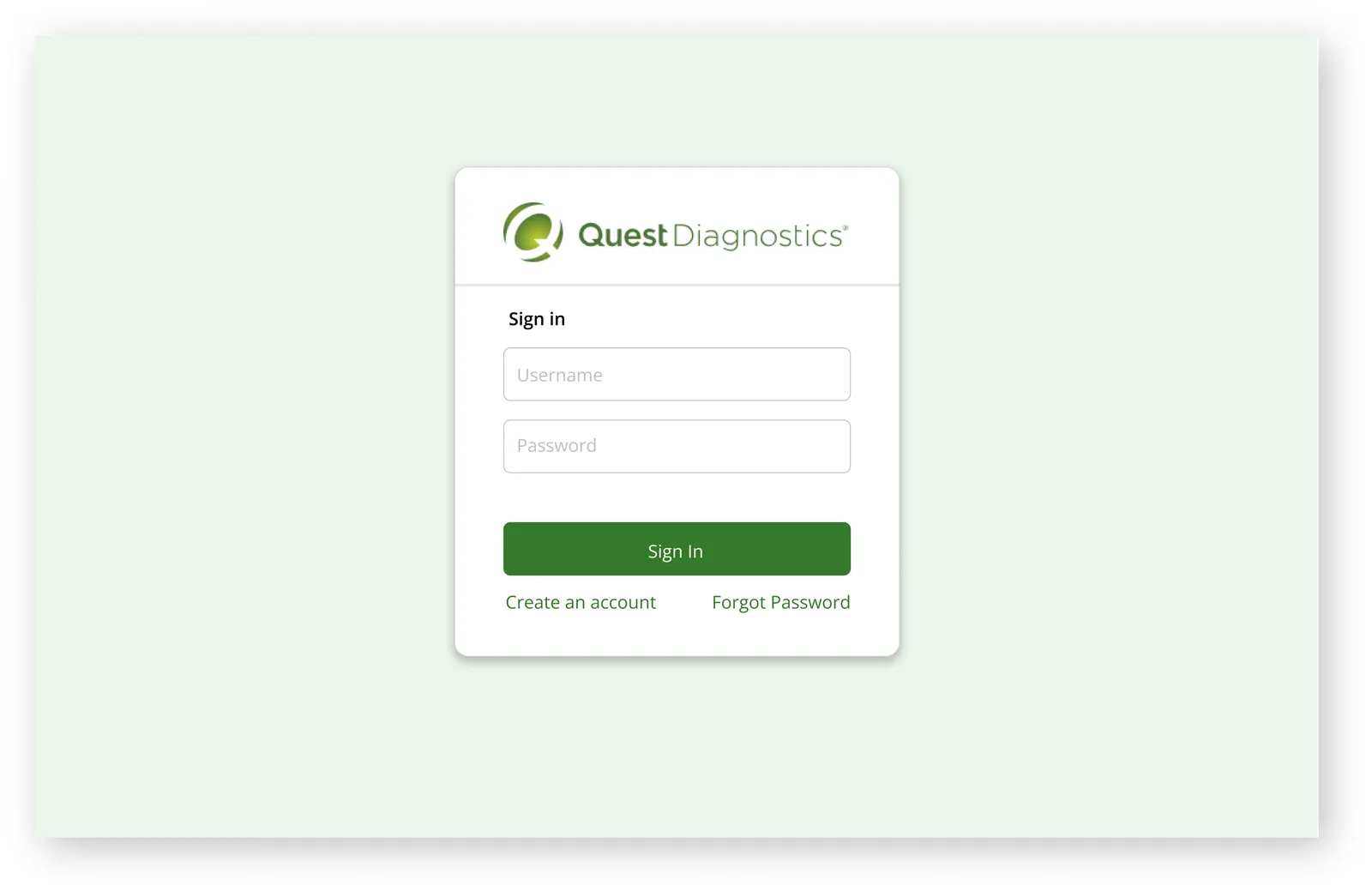 Sign-in card on a pale green ground: Quest Diagnostics logo, username and password fields, a green Sign In button, create an account and forgot password links