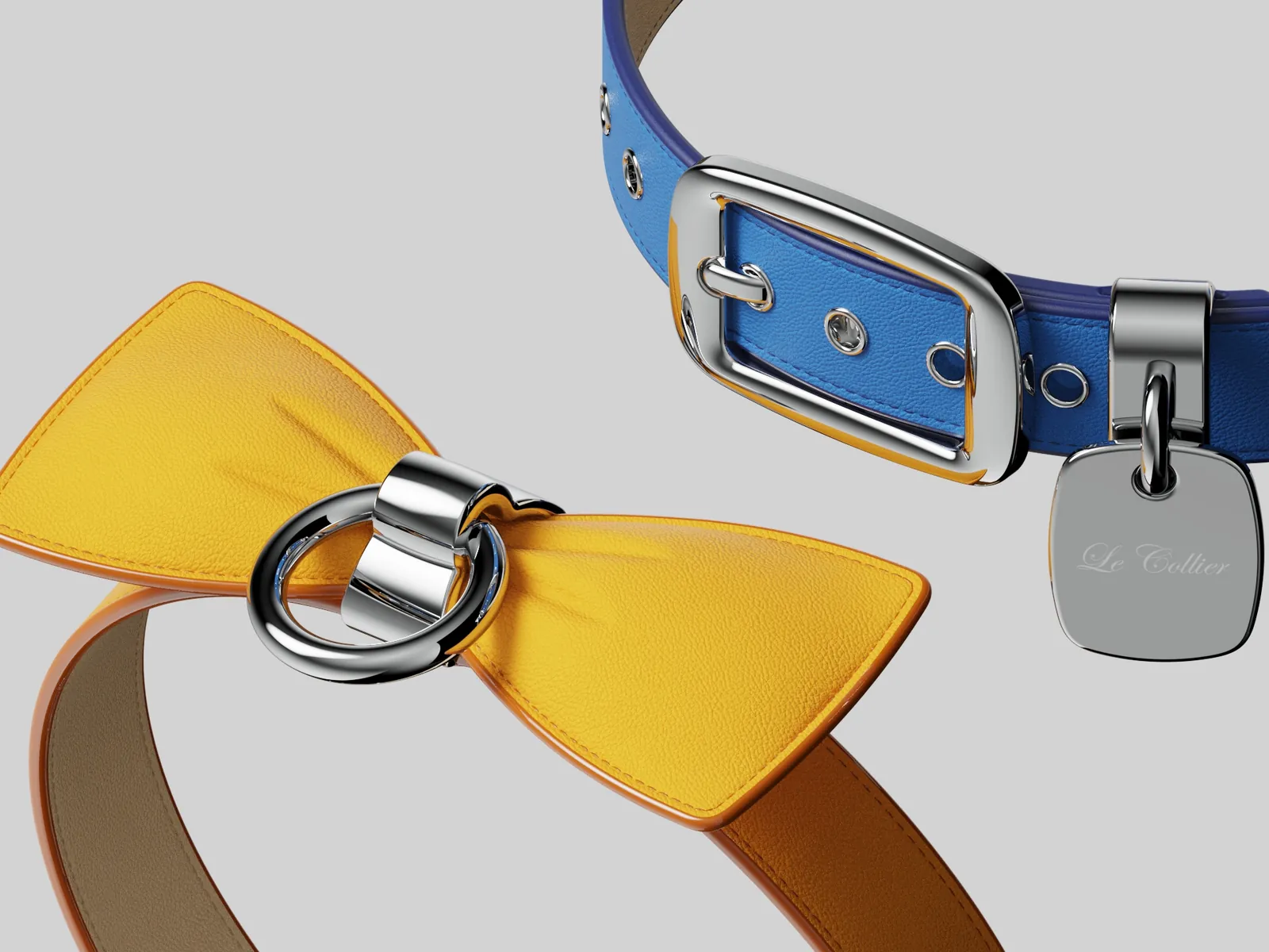 Leather dog collar with a bow and engraved tag