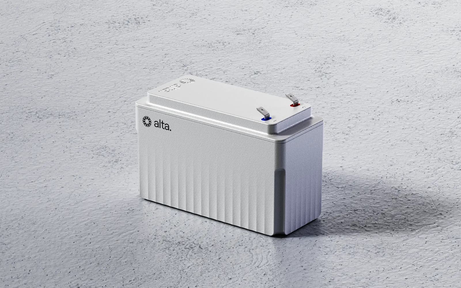 The final Alta battery in white and grey on a concrete surface