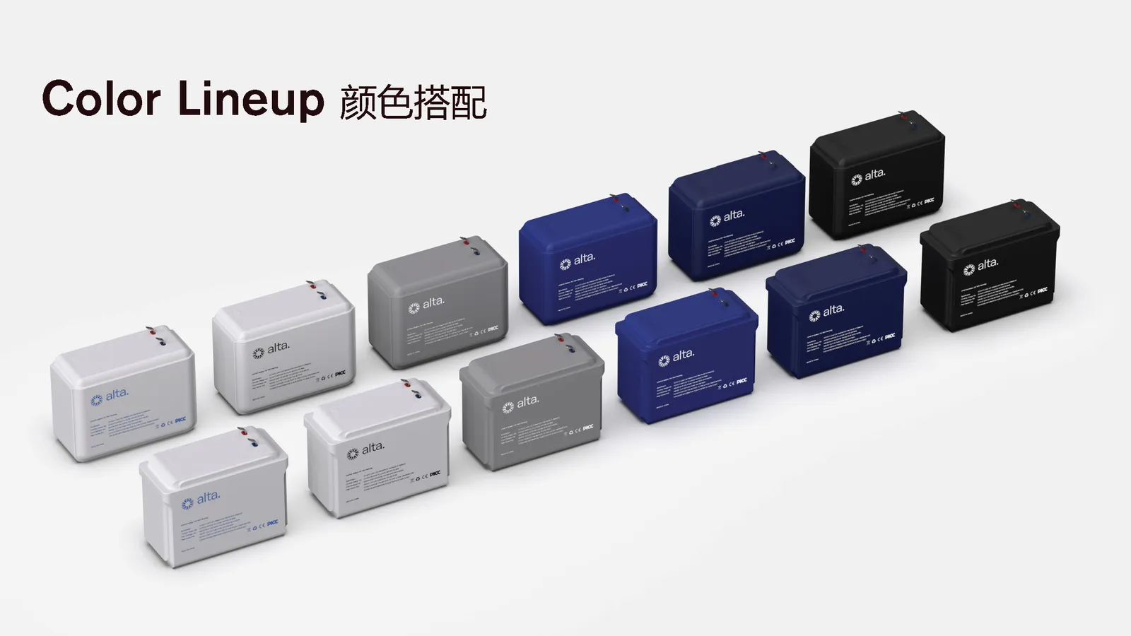 Twelve batteries in a row, from white and light grey through navy to black