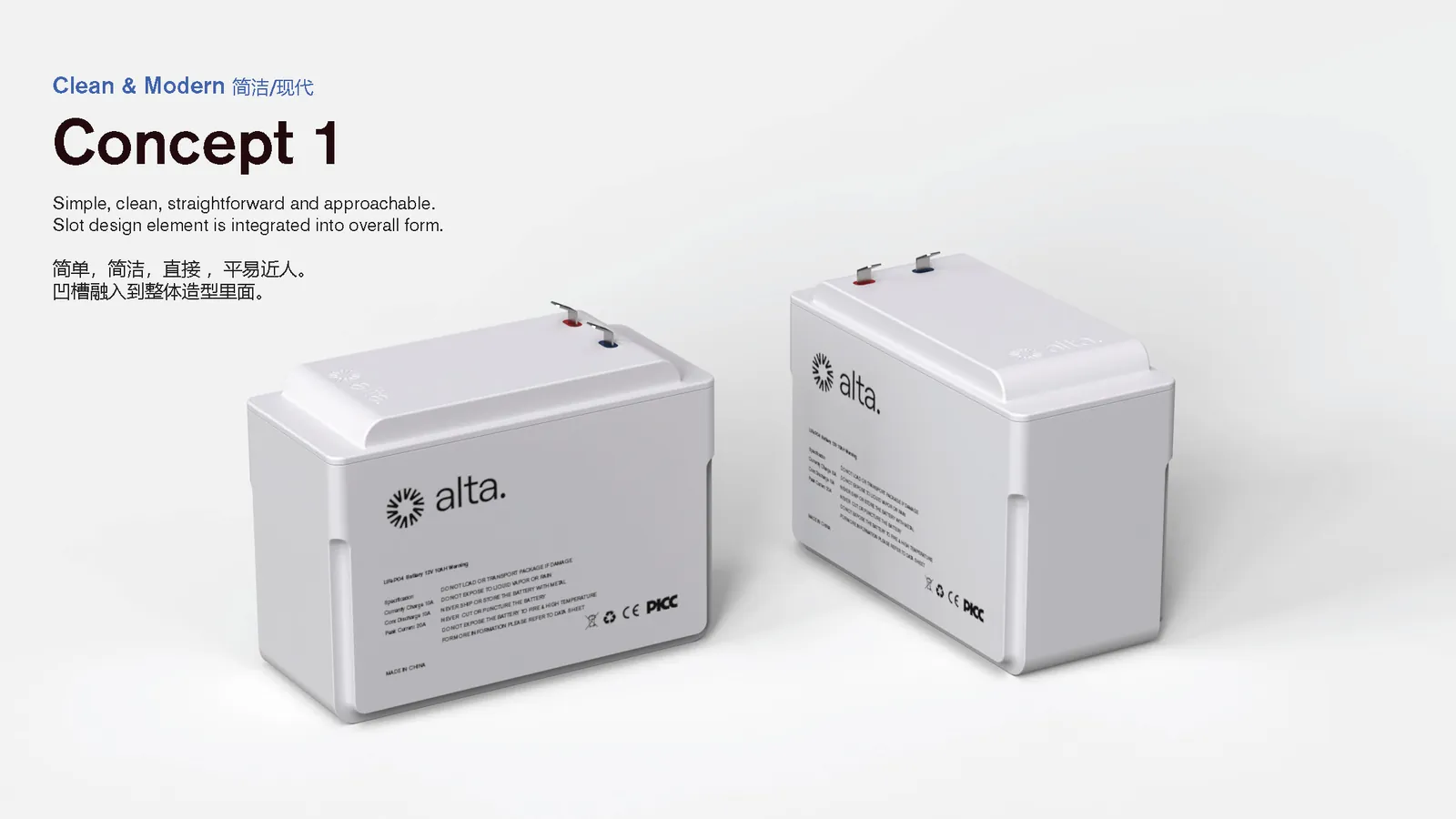 Concept 1, Clean & Modern: a plain white battery with the slot integrated into the overall form
