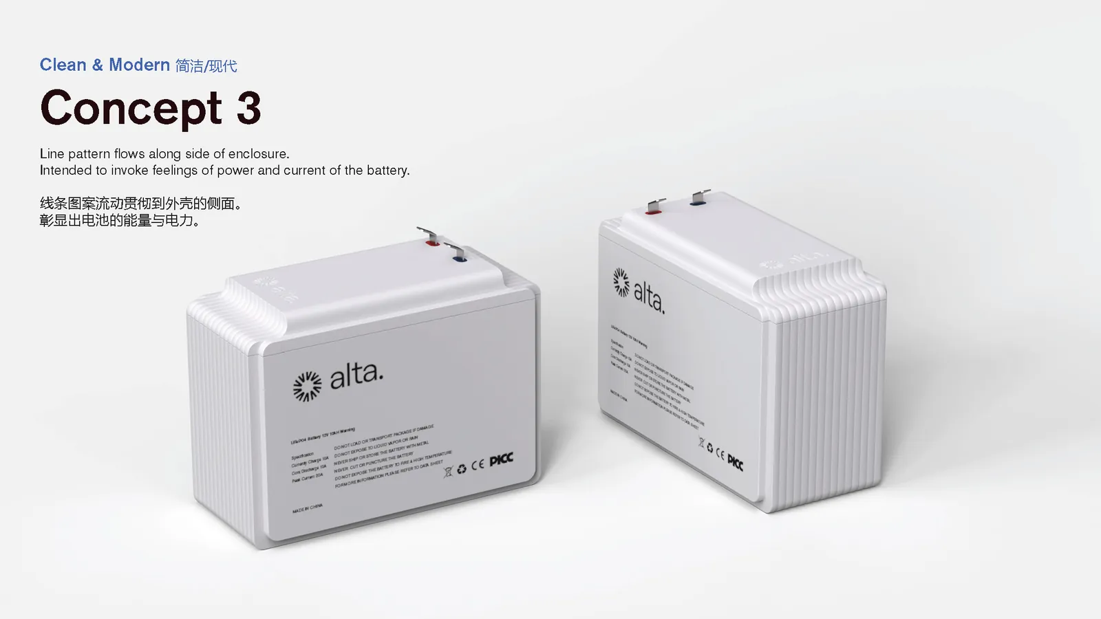 Concept 3, Clean & Modern: a line pattern flowing along the side of the enclosure
