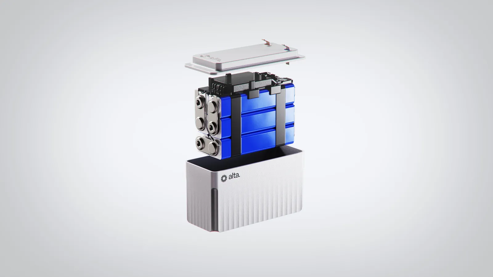 Exploded view: lid, terminals, the blue cell pack and the ribbed housing