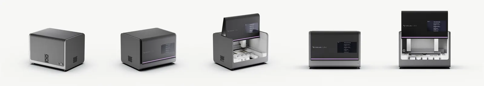 Five renders of the instrument in a row, from a plain black box to the final form with the folding door and screen