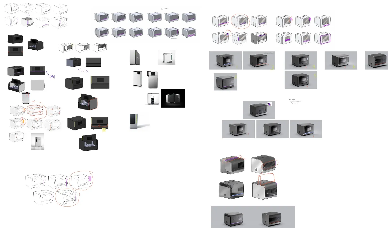 Board of sketches and CAD renders of the enclosure, from boxy black forms to softer ones