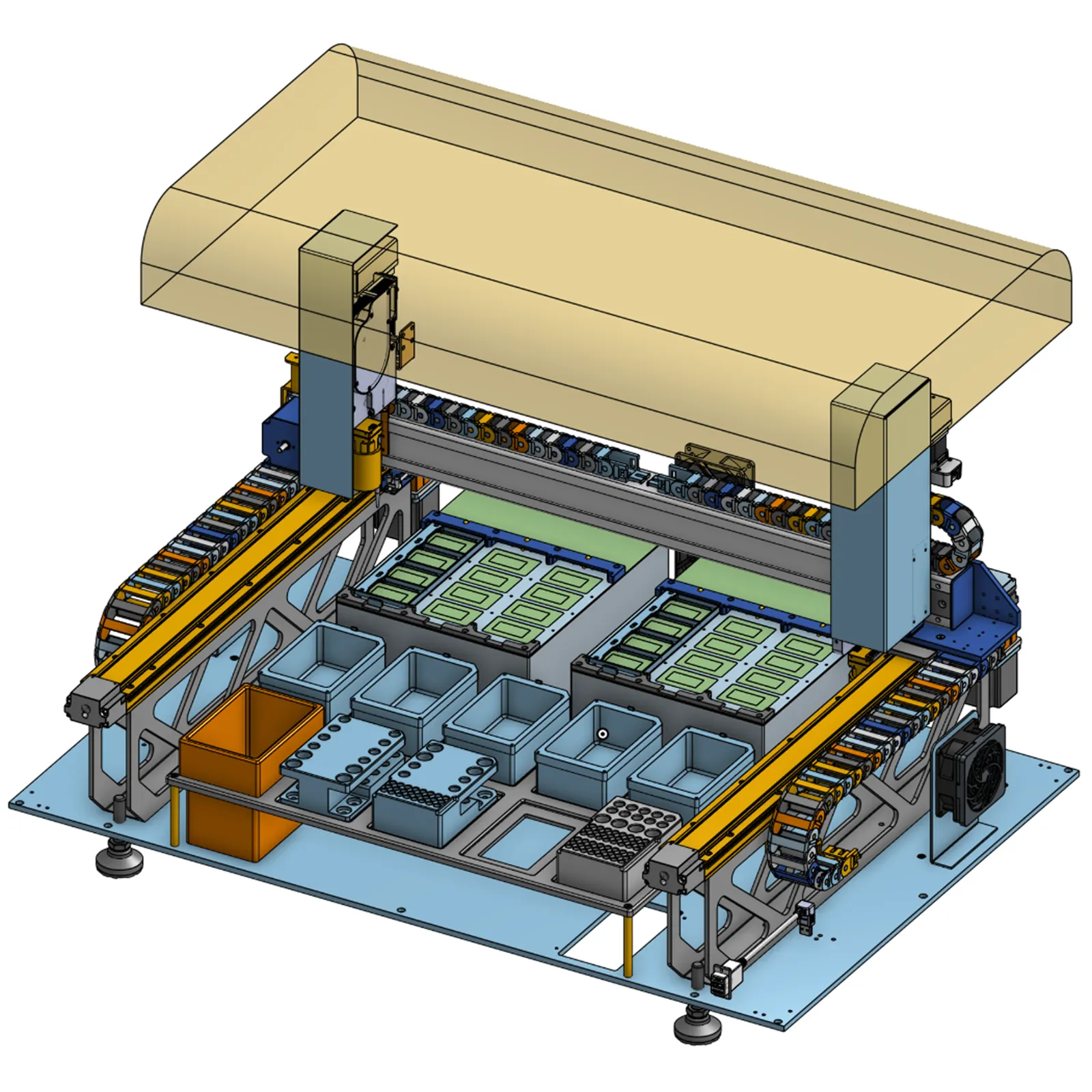 CAD of the deck with the door envelope shown translucent above it