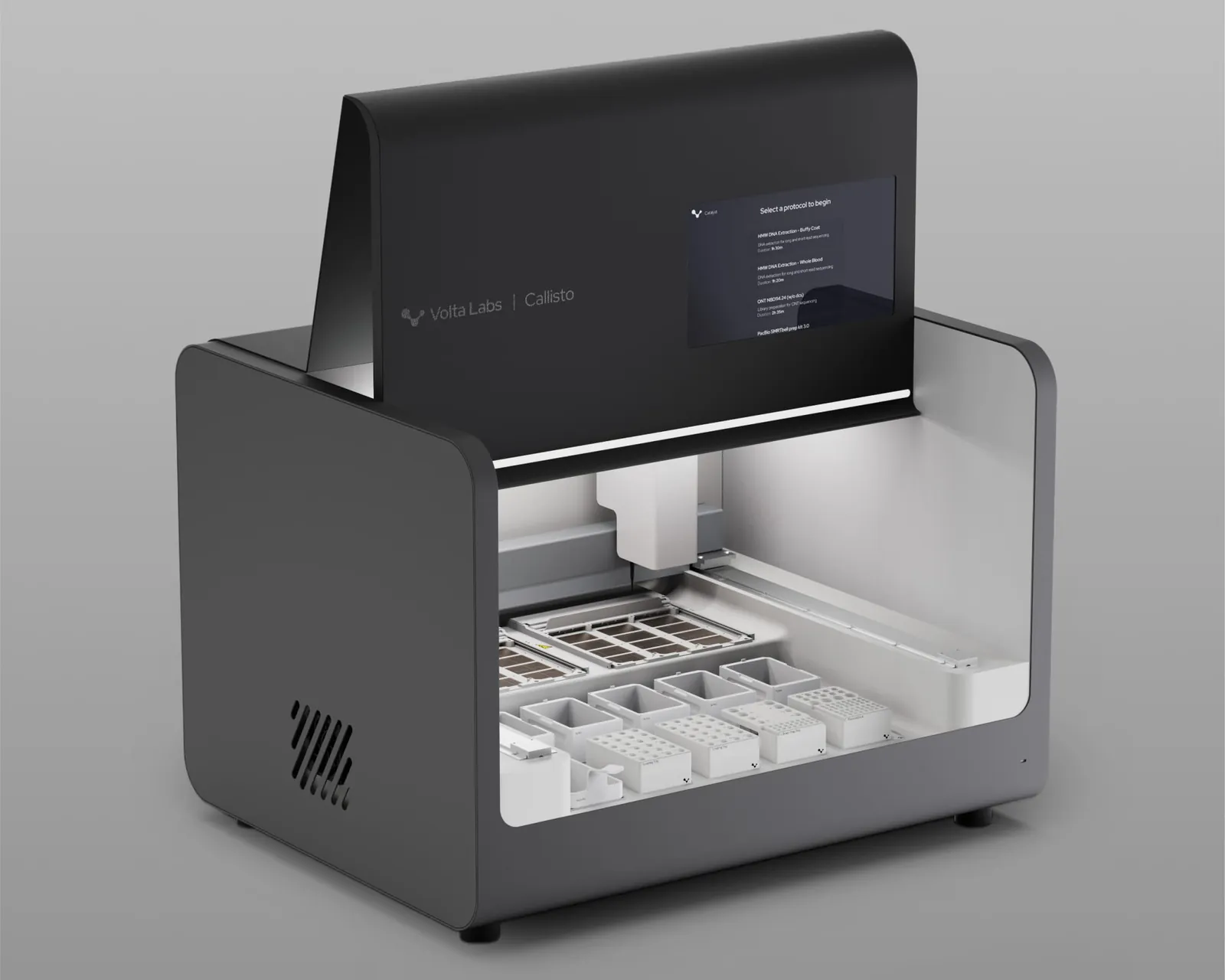 Render of the final Callisto design with the door folded up, showing the screen and the loaded bed