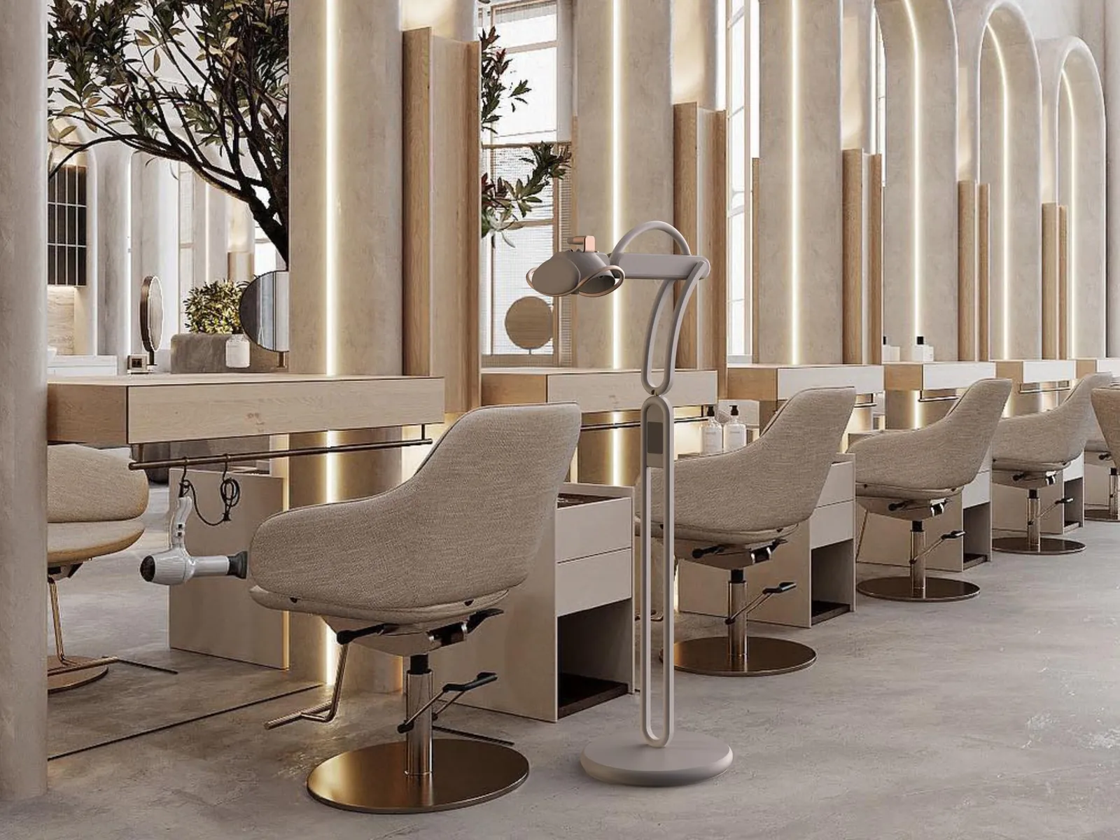 Rendering of the Halo Braid stand beside a salon chair in a bright salon with arched mirrors and cream stone walls