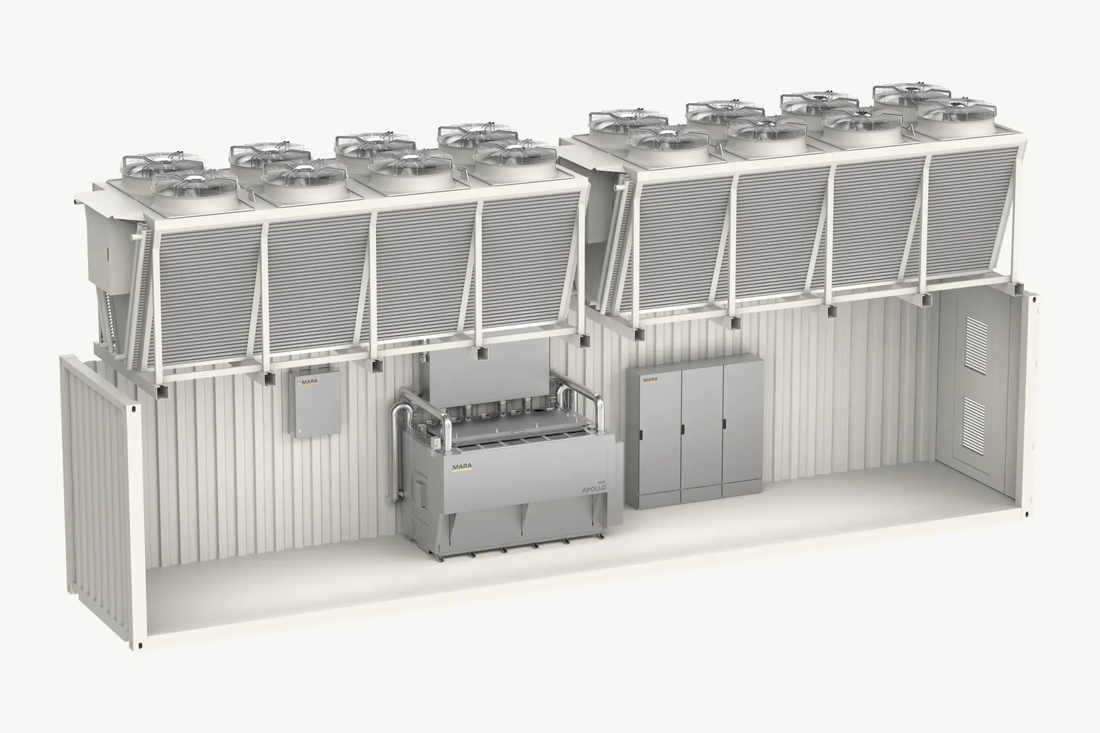 Cutaway of a shipping container with Apollo, its cabinets, and dry coolers on the roof
