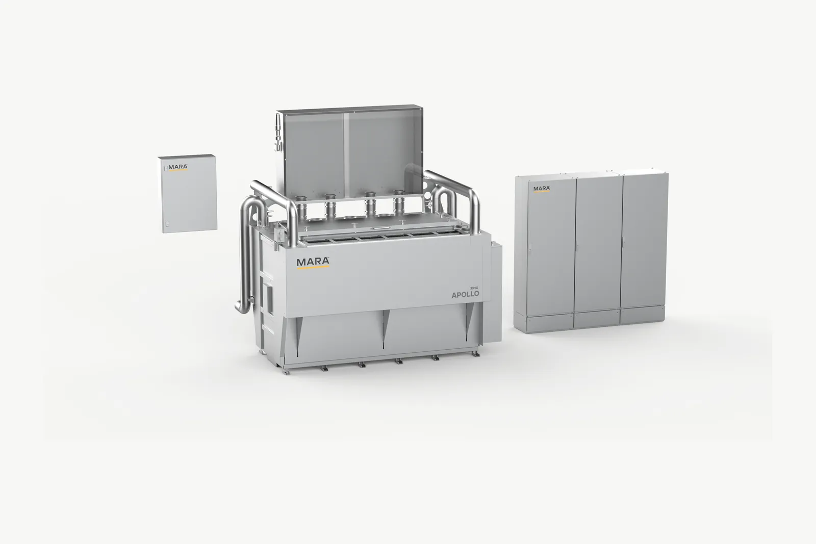 Apollo render: a light grey immersion tank with the lid open, coolant piping, and three electrical cabinets