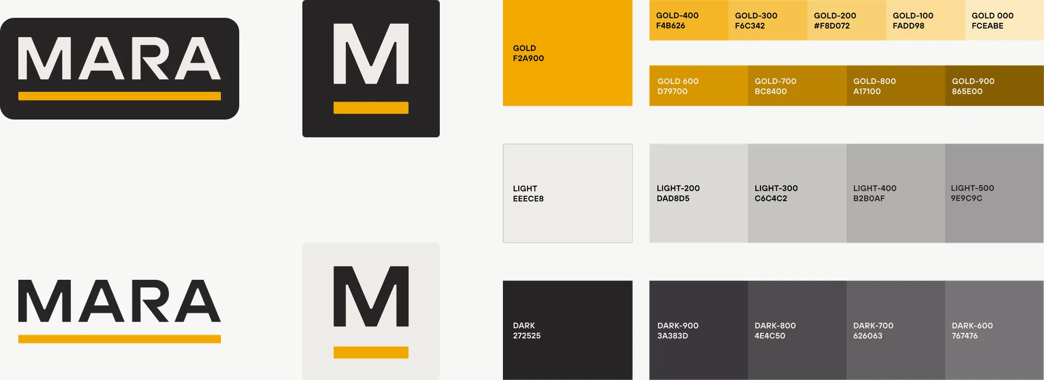 MARA brand system: the wordmark in light and dark, the M bug on dark and light squares, and the gold, light and dark color scales with hex values