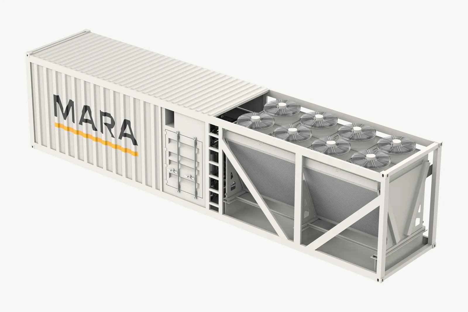 The Apollo container from behind, showing the dry coolers and access door