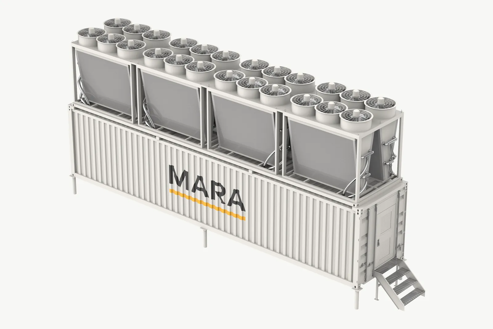The Apollo container from the front, MARA on the side and a fan array on the roof