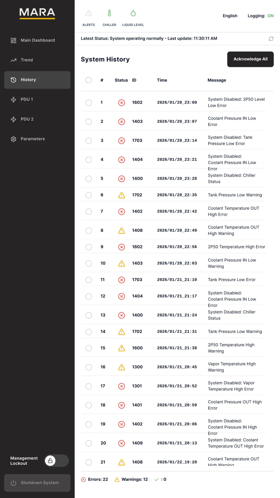 Redesigned history screen: alarm table with status icons and an error and warning count