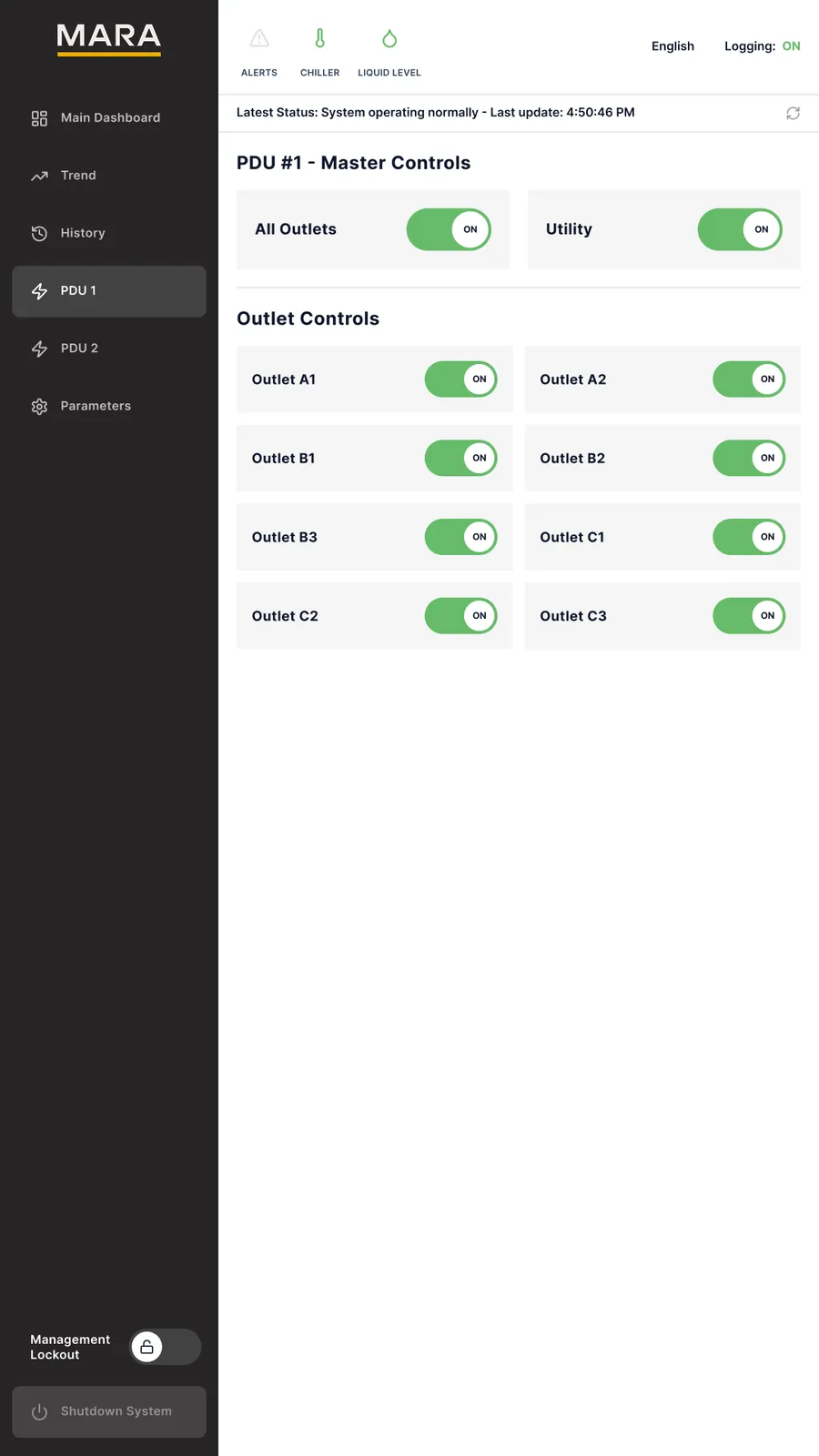 Redesigned PDU 1 screen: master controls and outlet toggles