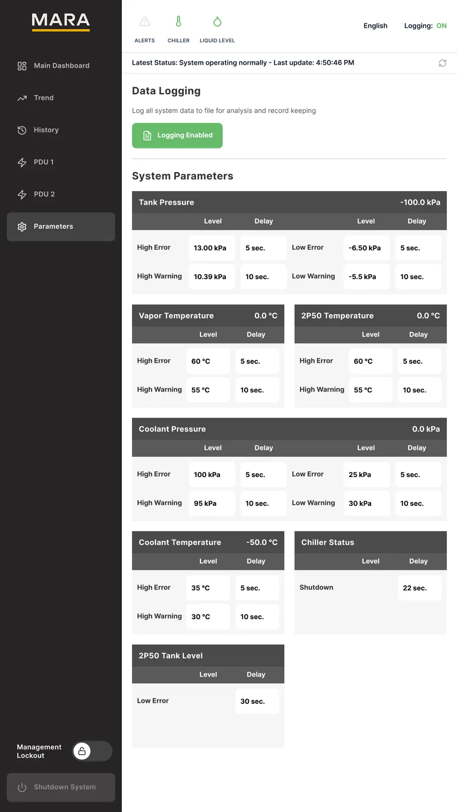 Redesigned parameters screen: data logging toggle and threshold cards