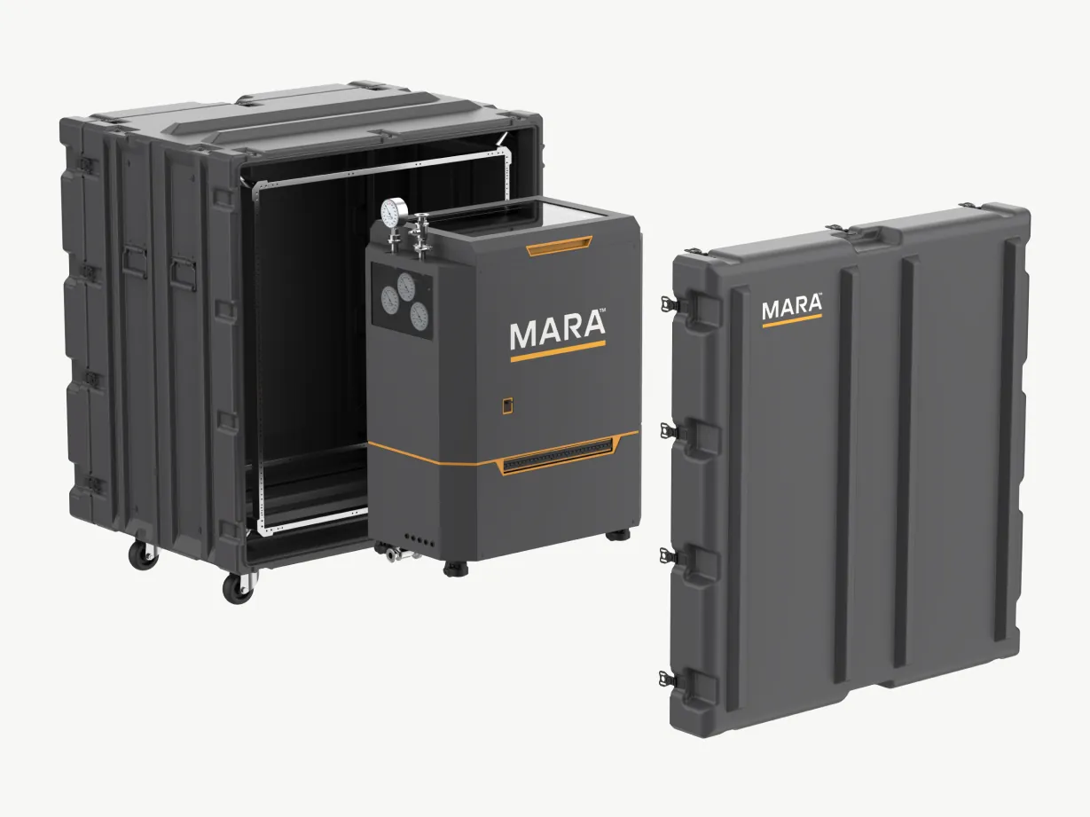 Mercury unit inside a wheeled transit case with the lid removed