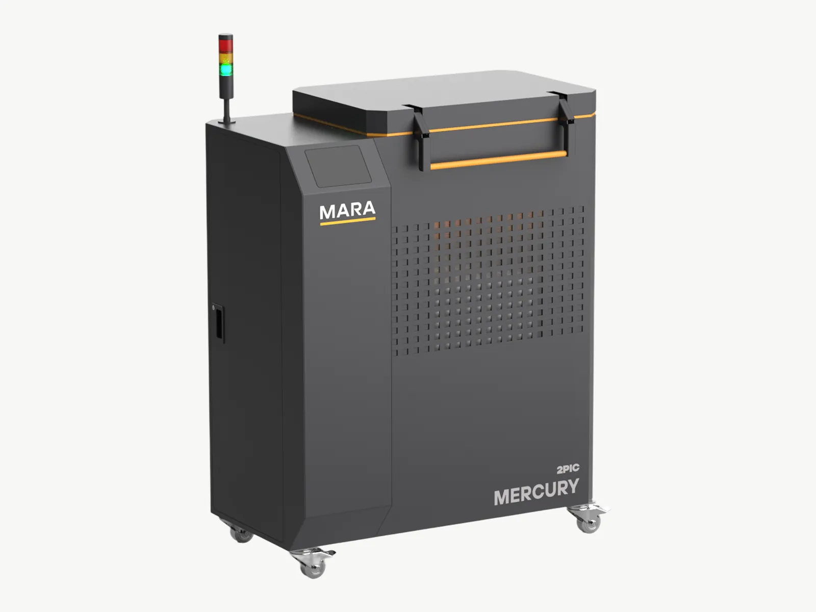Mercury render: a dark sheet metal enclosure with a stack light, a screen, a service door, a perforated panel, and casters