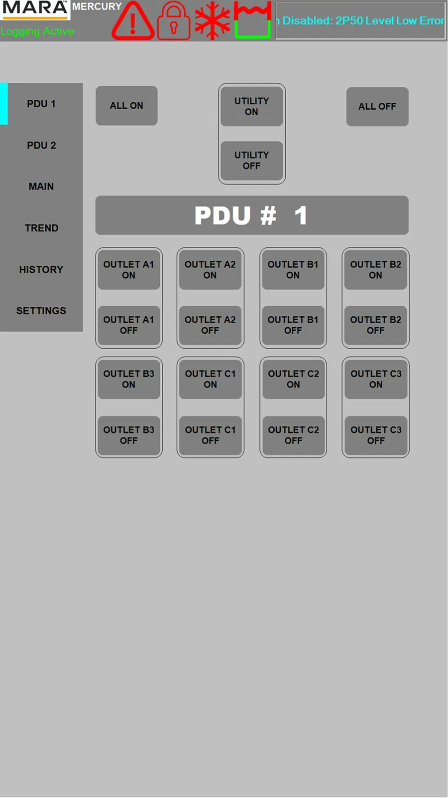 Original PDU 1 screen: a grid of grey outlet on and off buttons