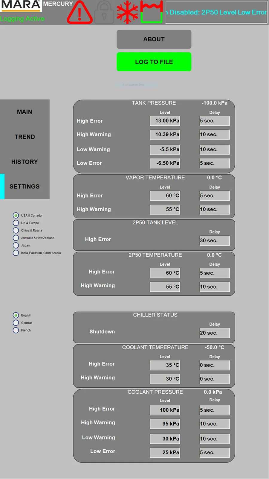 Original settings screen: threshold levels and delays in stacked grey panels