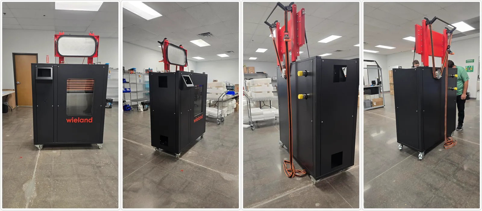 Four photos of the Mercury prototype on a shop floor: a black sheet metal cabinet with a red lifting frame, hoses, and a small screen on the door