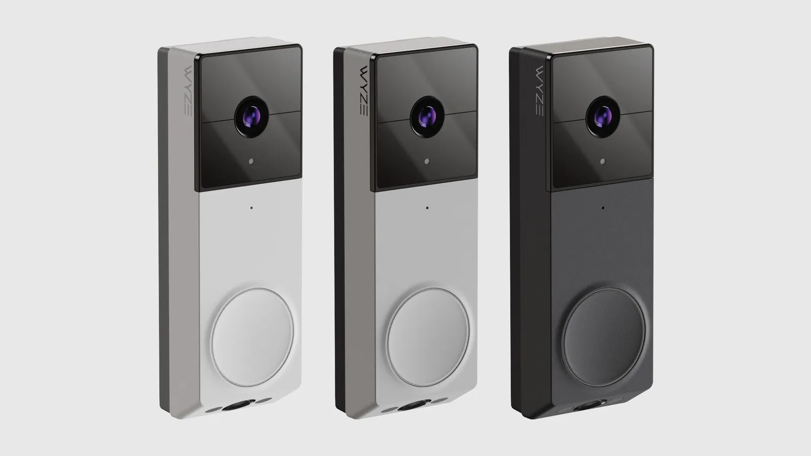 Final renders of the Duo Cam Doorbell in white, silver and black, side by side, the sides stepped back behind the front face