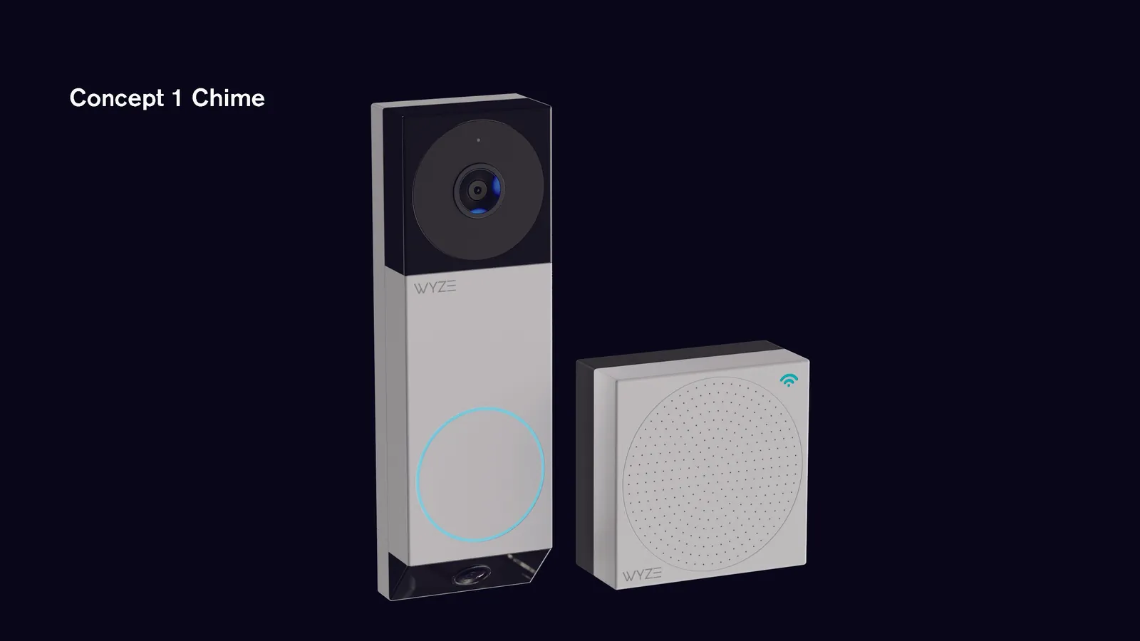 Concept 1 doorbell standing next to its square perforated chime