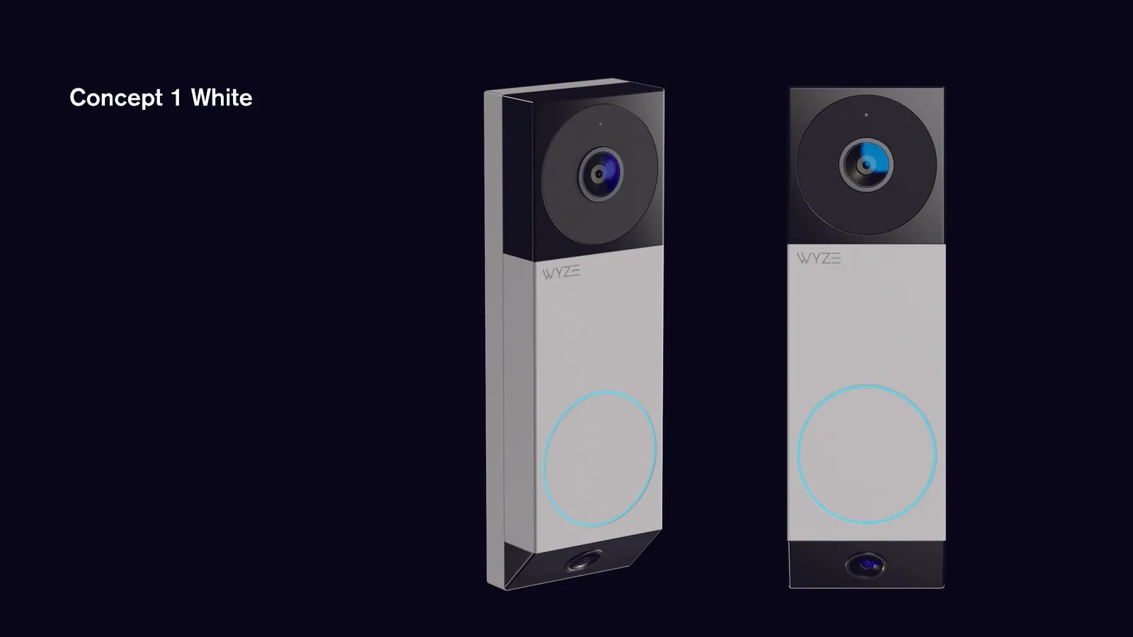Concept 1 in white, front and three-quarter views: glossy black camera block, matte white body with a ring button and the angled chin camera