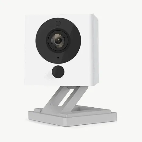 WYZE Cam: a white cube camera on a folding grey stand