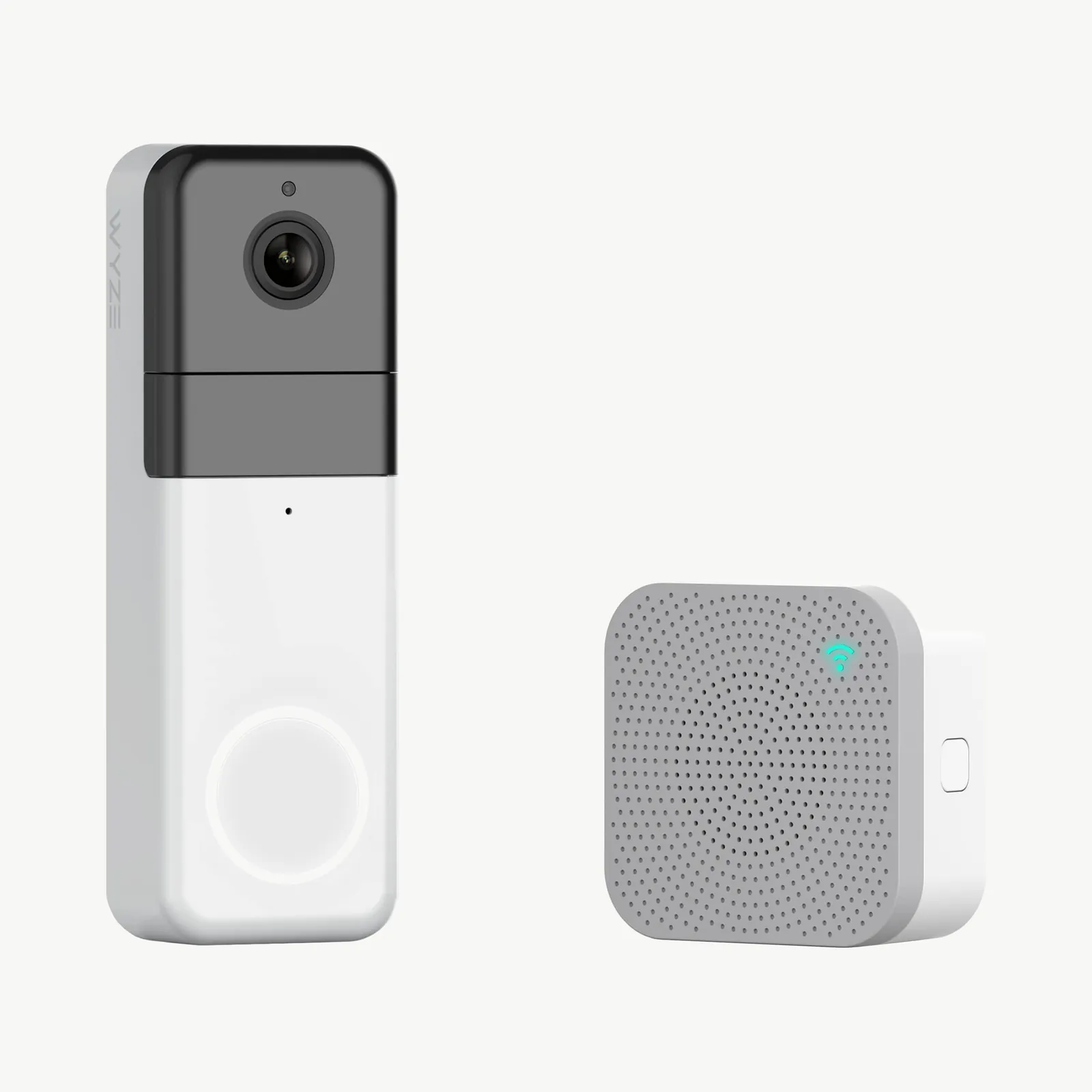 WYZE Video Doorbell Pro, white with a black camera top and a round button, beside its grey chime