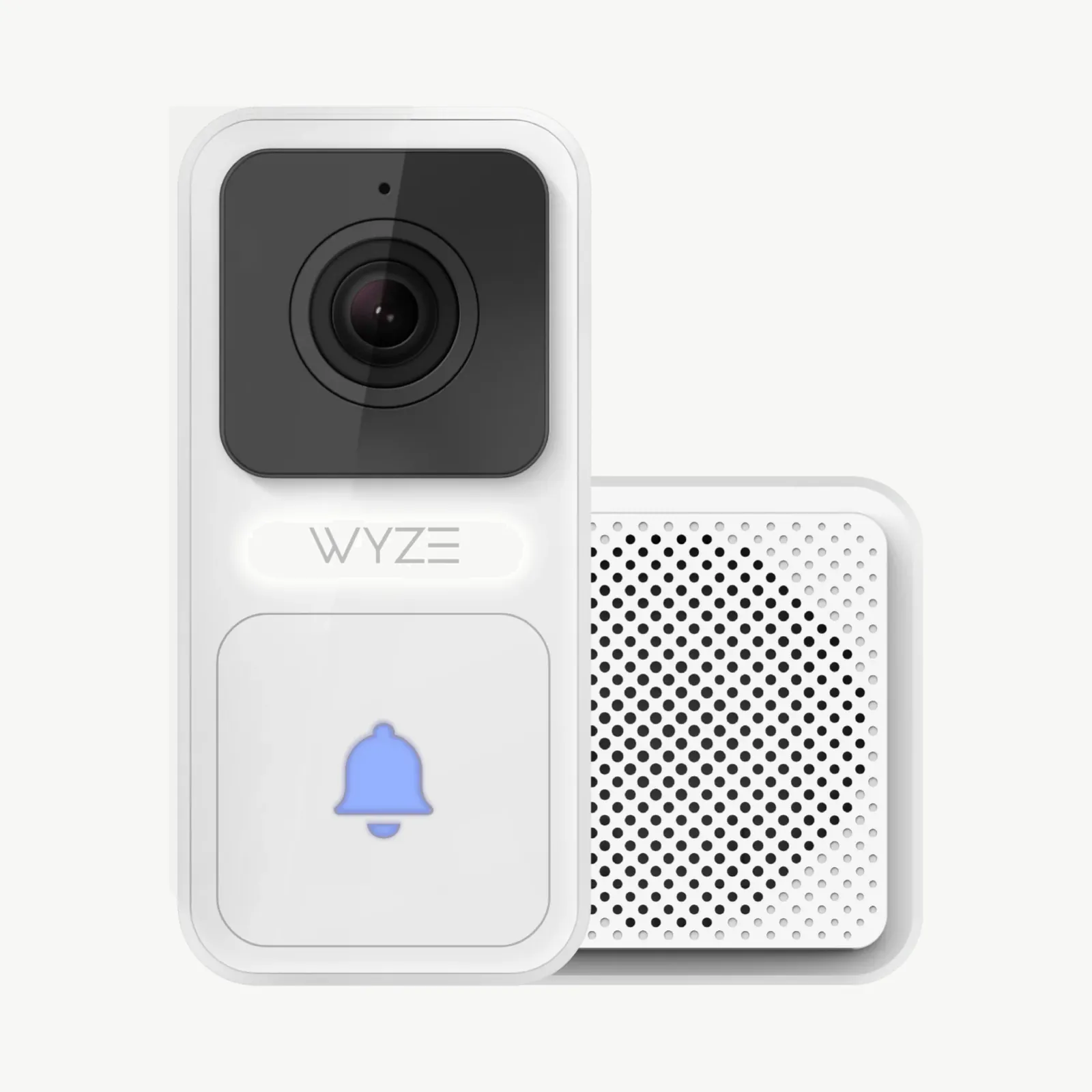 WYZE Video Doorbell, white with a black camera square and a bell-icon button, beside its perforated white chime