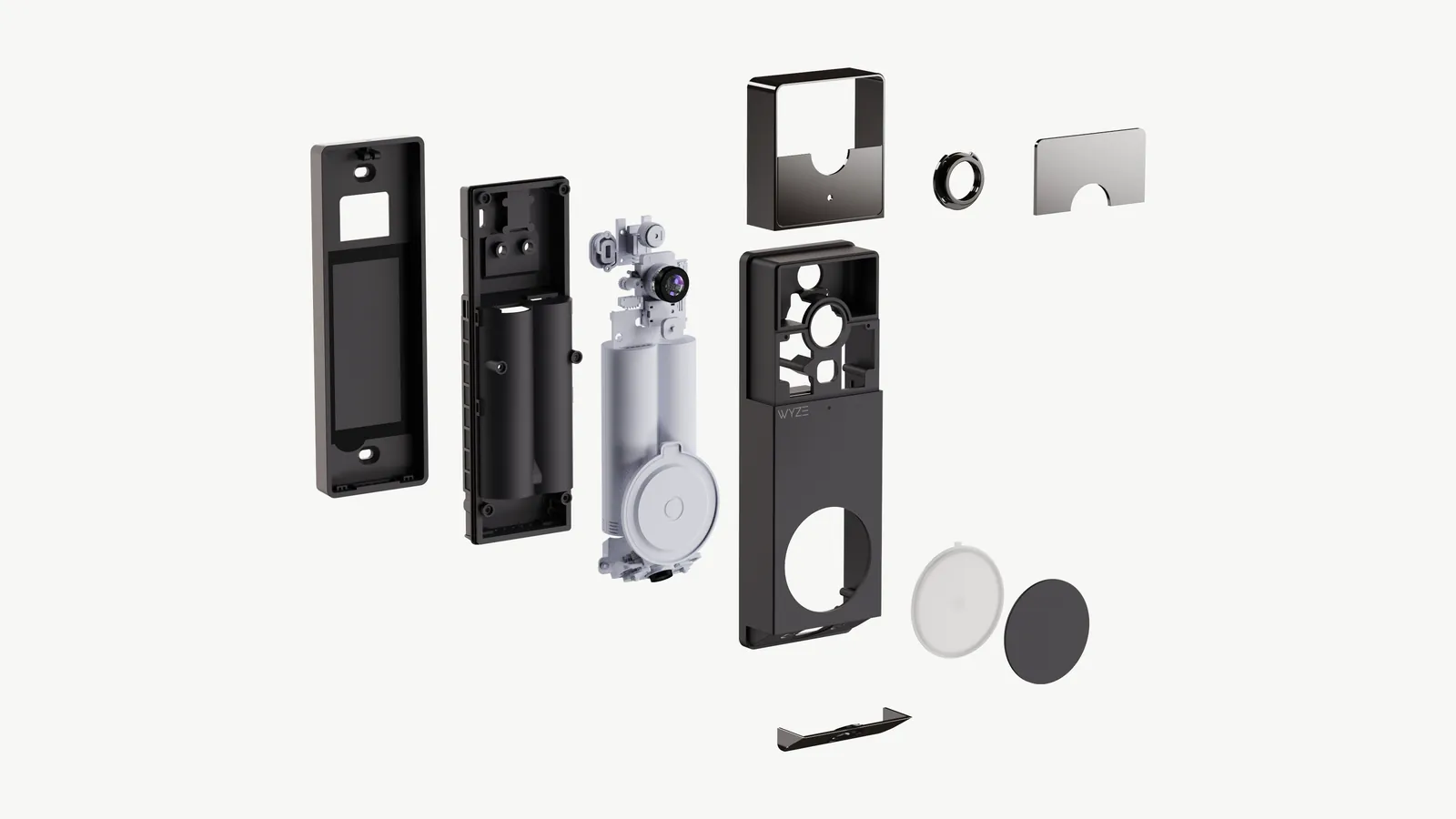 Exploded view of the doorbell: back plate, chassis, battery pack and camera module, front housing, button, lens cover and trim parts