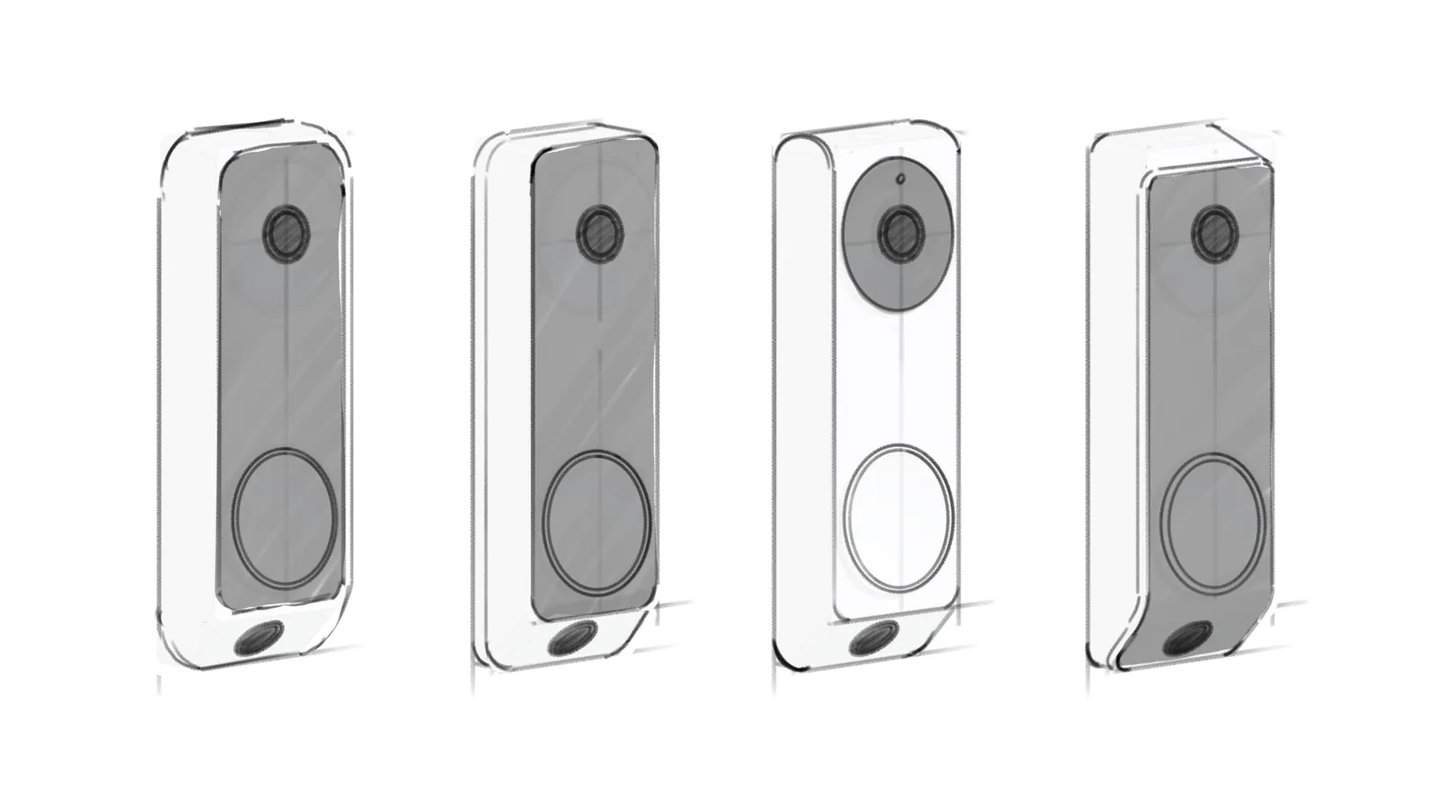 Sketch sheet of four doorbell concepts with rounded rectangular bodies, camera above a large round button