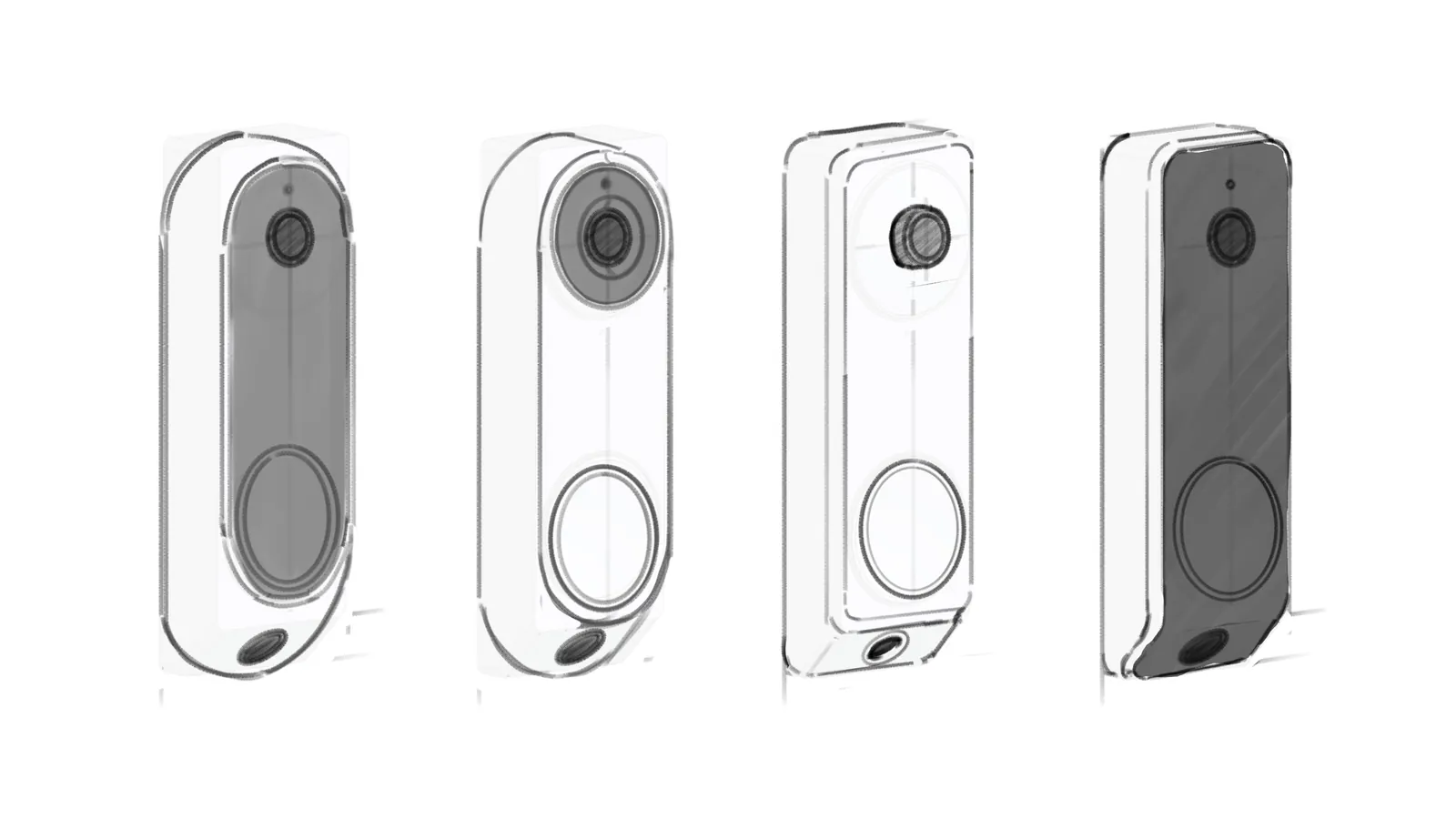 Sketch sheet of four doorbell concepts with pill-shaped and rounded bodies, camera above a large round button