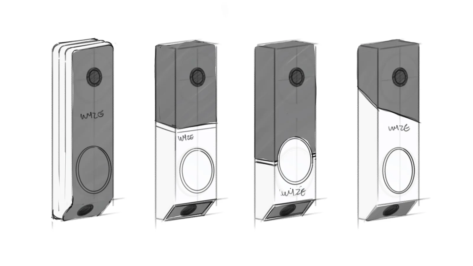 Sketch sheet of four doorbell concepts with a dark camera block over a white lower half carrying the WYZE wordmark