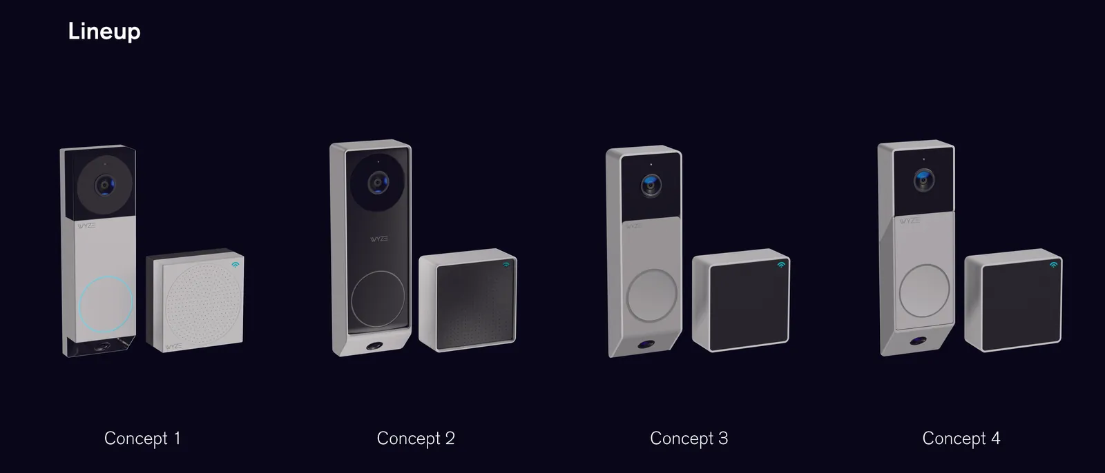 Lineup of four doorbell concepts, each paired with a matching square chime