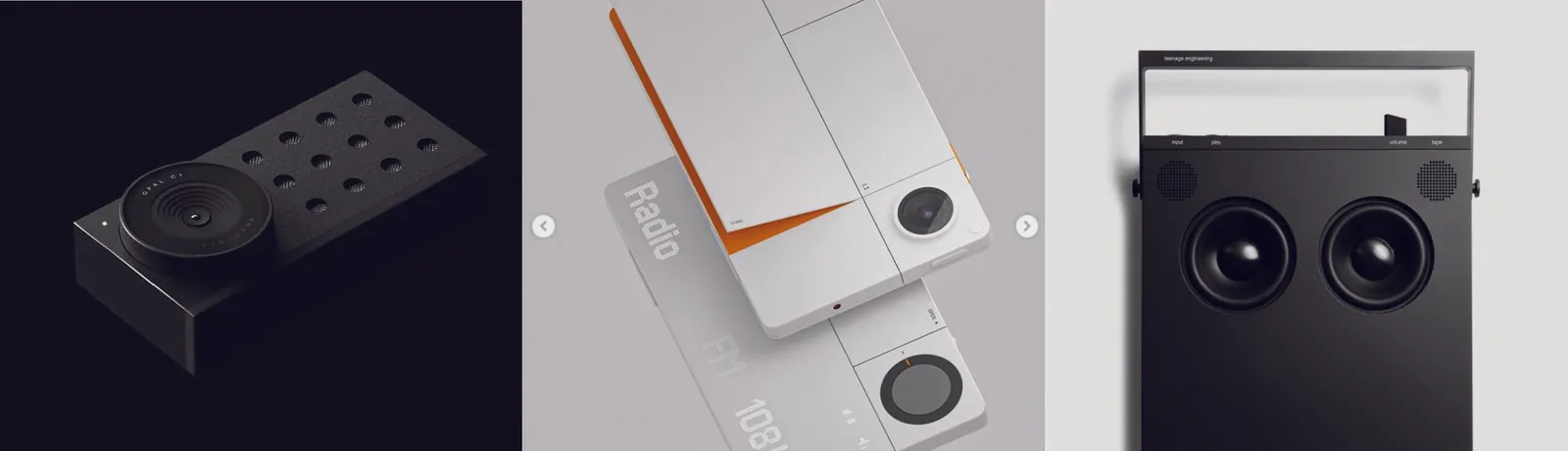 Precision mood board: a black camera with a grid of dots, a white and orange radio, and a black speaker with two drivers