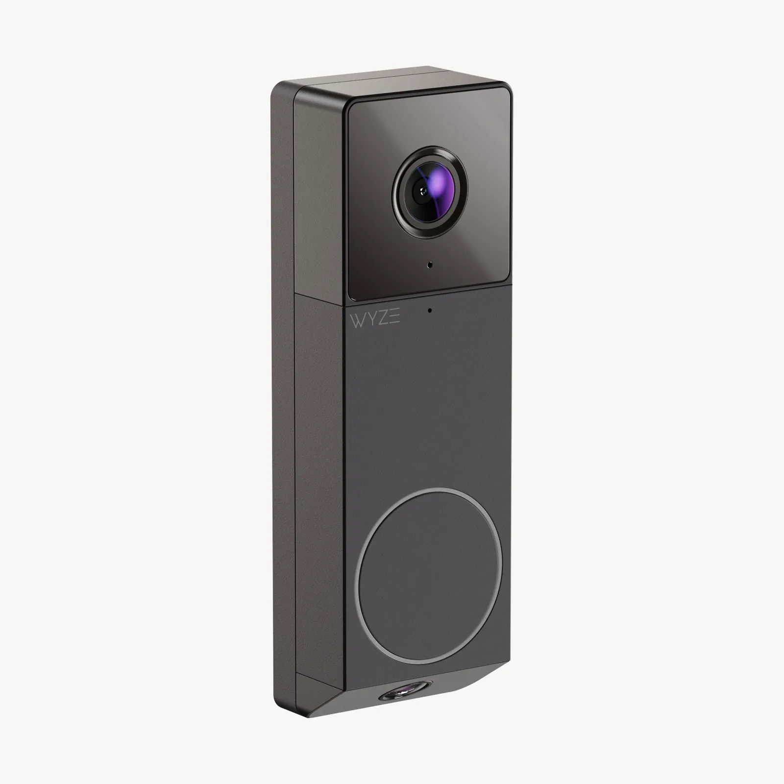 Three-quarter render of the refined doorbell in black